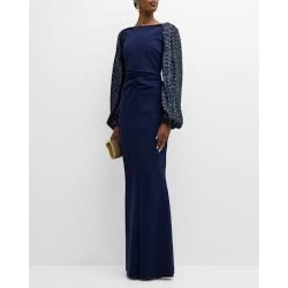 Chiara Boni Navy Mermaid Gown Ruched Sequin Sleeve Formal Glam Size  IT 42